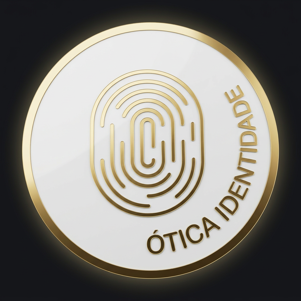 Placa redonda de acrílico branco com logotipo de digital em dourado — Ótica Identidade