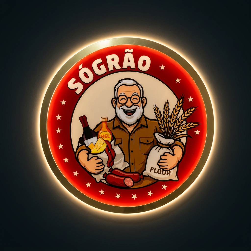 Placa redonda luminosa vermelha e dourada com ilustração do Sógrão