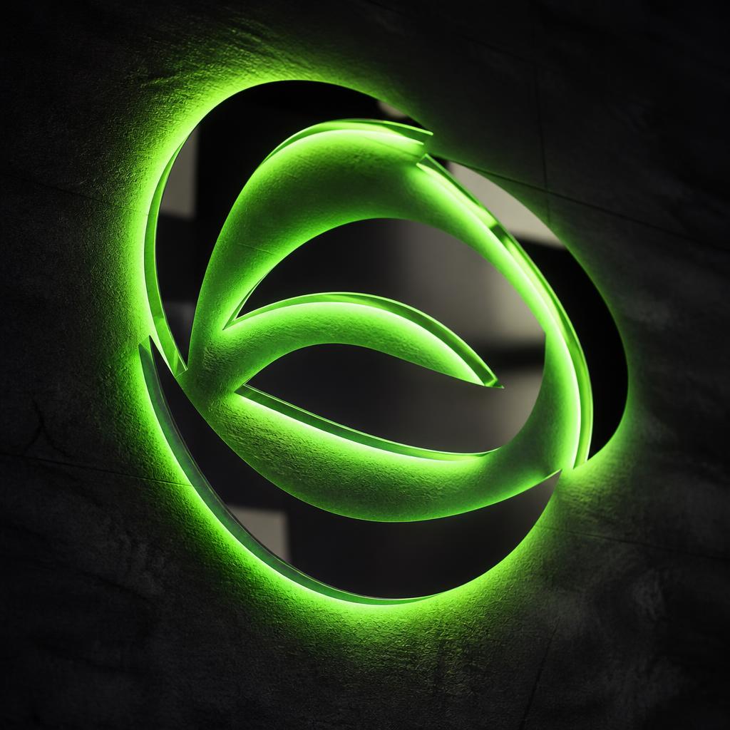 Logotipo em acrílico com iluminação de fundo violeta em parede escura
