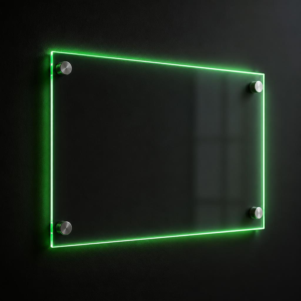 Placa de acrílico com sinalização de sala iluminada por borda azul